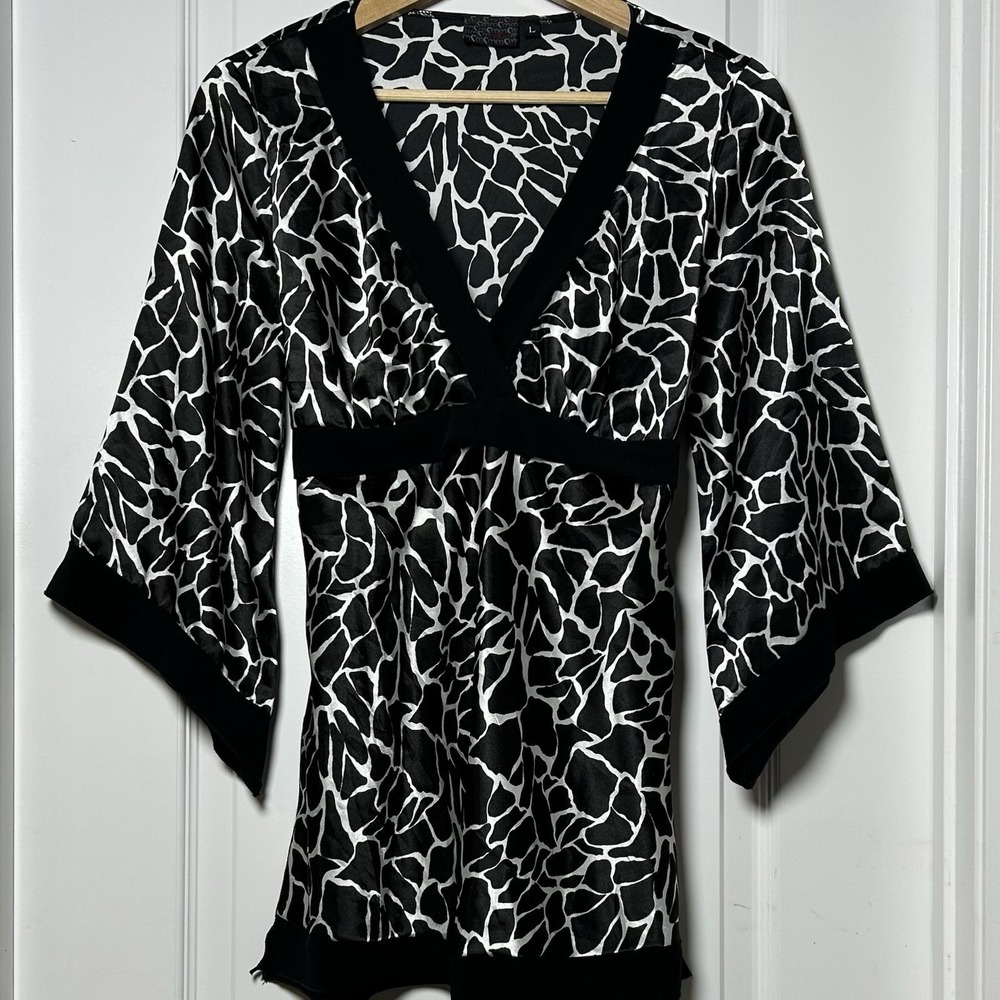 Black White Abstract‎ Print Satin Ribbon Trim Empire Waist Y2K Kimono Wrap Top